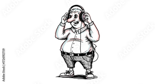 Cartoon Man with Oversized Headphones Enjoying Music