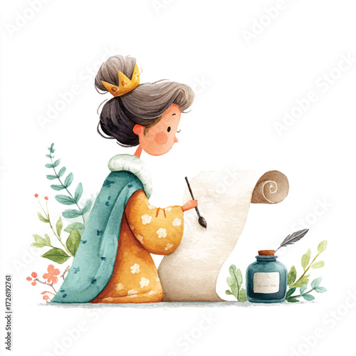 Girl engrossed in writing with quill and ink, vintage illustration.