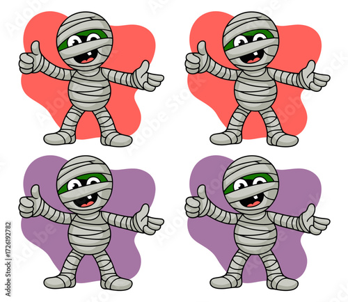 Four identical cartoon mummies with green faces, wrapped in bandages, smiling and giving a double thumbs-up gesture on red and purple blob backgrounds.