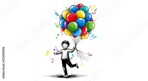 Joyful Boy Holding Colorful Balloons, Sketch Style Illustration