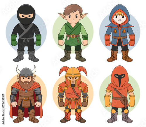 A collection of six cartoon fantasy RPG character illustrations, including a ninja, elf, mage, dwarf, warrior, and archer.