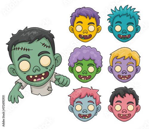A collection of cute cartoon zombie characters, including a main figure and seven head variations with different hair colors.