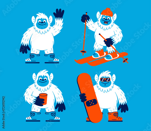 Four yeti characters engaging in winter sports and activities on a blue background.