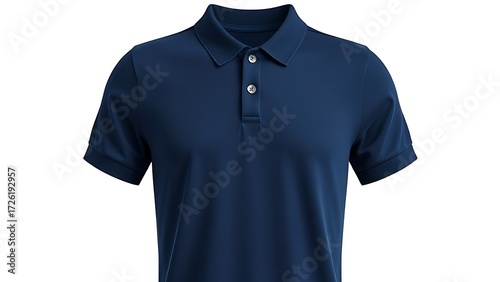 A navy short-sleeve polo shirt with ribbed details, showcasing classic casual wear.
