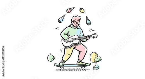 Skateboarder Playing Guitar While Juggling Objects
