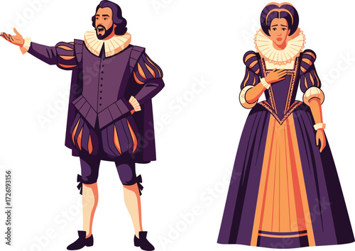 Illustration of man and woman wearing elegant Renaissance costumes, historical royal clothing fashion with ruffled collars and classic vintage style