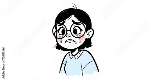 Crying Cartoon Girl with Glasses and Short Black Hair