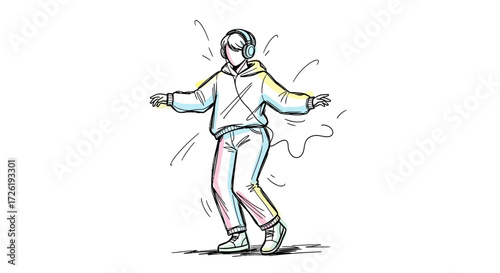 Dancing Person Wearing Headphones, Enjoying Music, Sketch Style