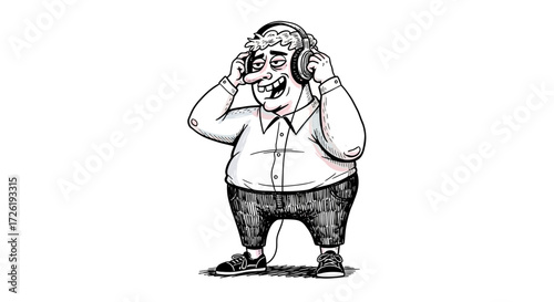 Joyful Overweight Man Listening to Music with Headphones