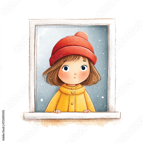 Girl in Red Hat Gazing Out Window on Snowy Day.