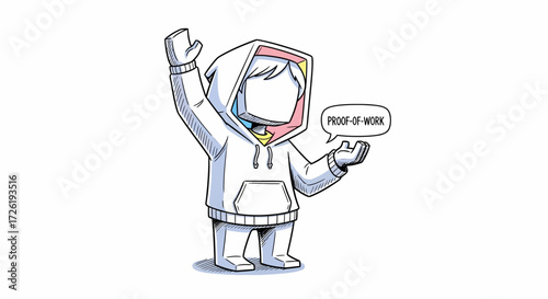 Faceless Character in Hoodie with Proof-of-Work Speech Bubble