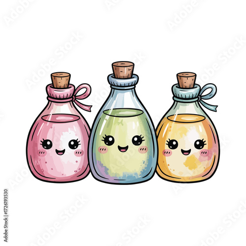 kawaii massage oil and cream bottles in pastel colors with happy faces, watercolor clipart, transparent background