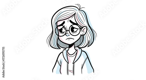 Cartoon Illustration of a Sad Girl with Glasses and Hoodie