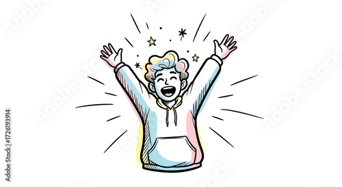 Joyful Cartoon Character with Arms Raised in Celebration