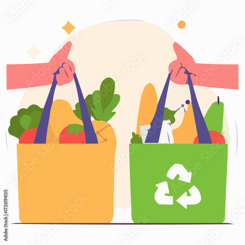 Grocery bags with fresh produce, sustainability concept, healthy lifestyle illustration, vibrant design, copy space
