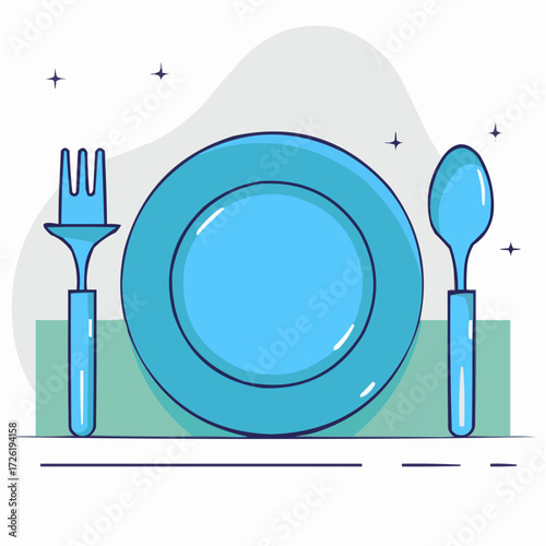 Blue plate with fork and spoon, dining mood, tableware illustration, modern design, copy space