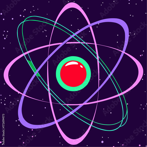 Stylized atom illustration, scientific concept, colorful design, cosmic background, copy space
