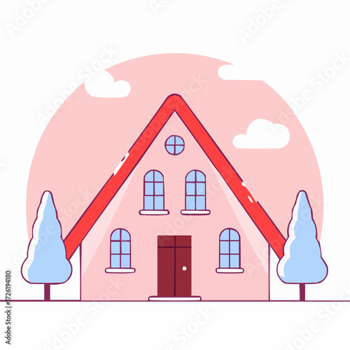 Stylized house with red roof, cozy atmosphere, residential design, pastel colors, copy space
