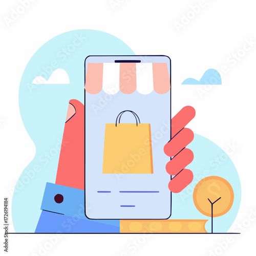 Smartphone with online shopping app, convenient mood, e-commerce illustration, modern design, copy space