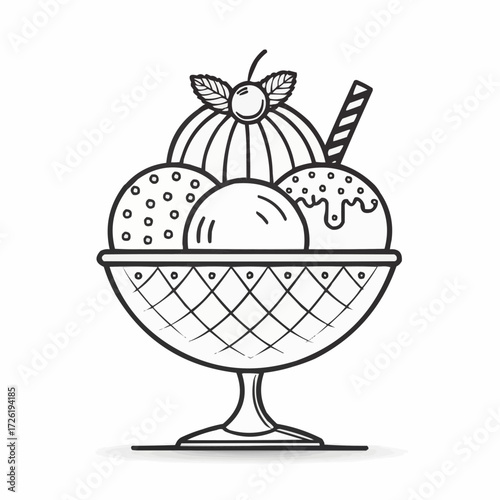 Ice cream sundae in dessert bowl, playful mood, delicious treat, black and white design, copy space
