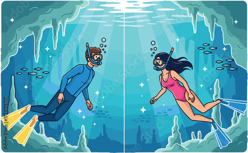 Illustration of man and woman snorkeling underwater in tropical cave with fish, clear ocean water, and beautiful aquatic adventure scene