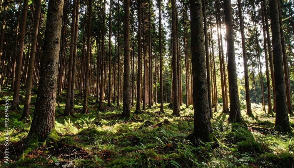 Obraz premium Sunlit forest floor with tall trees