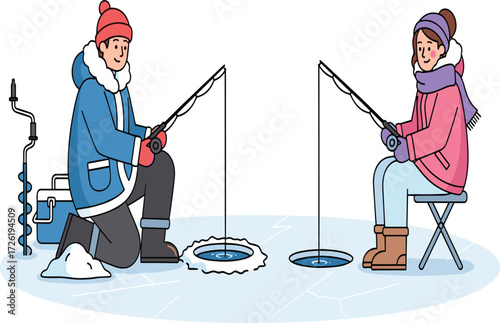 Couple ice fishing on frozen lake with winter gear and fishing rods, cold outdoor adventure, relaxing wintertime recreational activity illustration