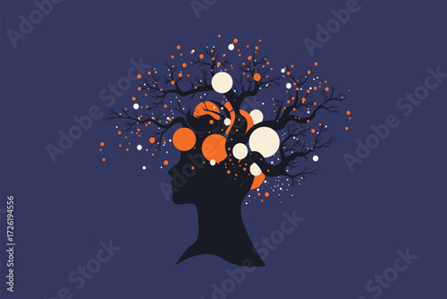 Abstract Head Silhouette with Tree Branches and Digital Nodes – Brain, Growth and Business Concept Illustration