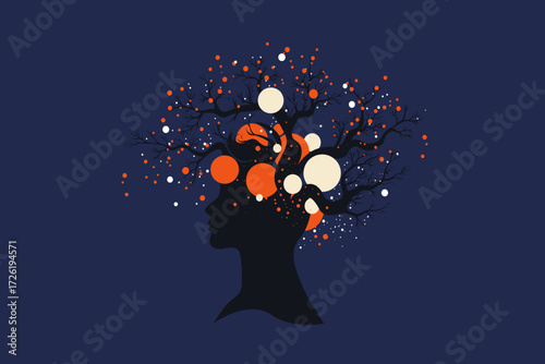 Abstract Head Silhouette with Tree Branches and Digital Nodes – Brain, Growth and Business Concept Illustration