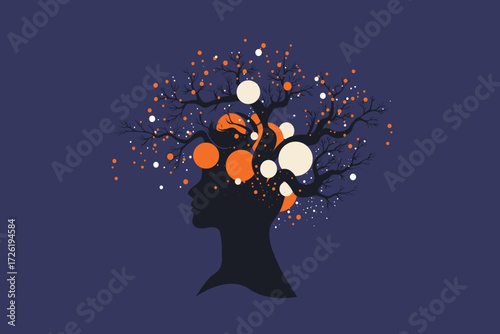 Abstract Head Silhouette with Tree Branches and Digital Nodes – Brain, Growth and Business Concept Illustration