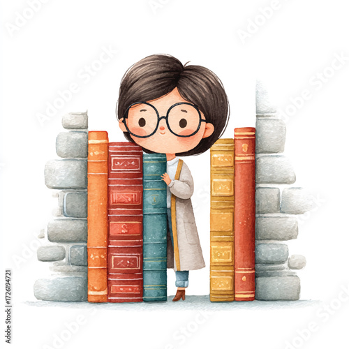 Girl with Glasses Surrounded by Books in a Library.