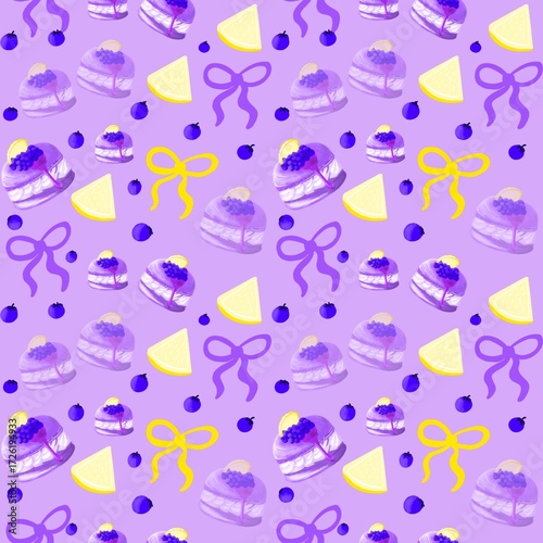 seamless pattern with blue and white hearts. Illustration macarons cake lemon bluberry coquette ribbon with background purple