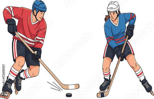 Ice hockey players illustration, competitive sports action, professional teamwork game, athletes skating with puck, winter sport competition, training practice, championship match concept