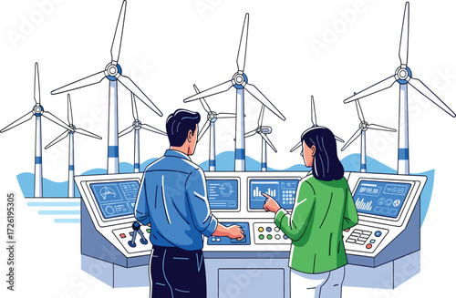 Renewable energy monitoring, wind turbine power generation, clean technology, green energy control system, sustainable electricity production, eco-friendly innovation, environmental engineering 