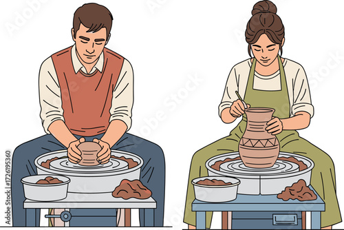 Couple pottery making illustration, ceramic art workshop, creative clay crafting process, handmade pottery design, artistic teamwork, traditional craftsmanship, pottery wheel creation, hobby learning