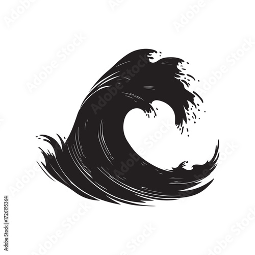 Stylized Black Wave on White Background, Digital Art