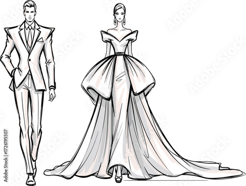 Elegant wedding fashion illustration, bride in luxury gown, groom in stylish tuxedo, runway sketch design, haute couture couple artwork, fashion drawing