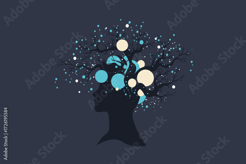 Abstract Head Silhouette with Tree Branches and Digital Nodes – Brain, Growth and Business Concept Illustration