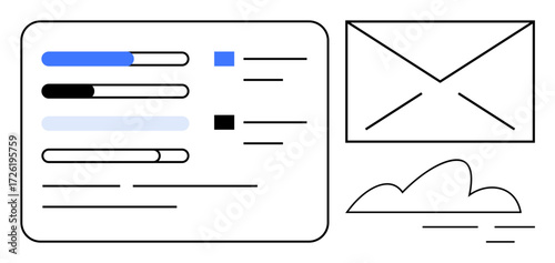 Interface with progress bars, email icon, task list, and cloud, emphasizing organization and tech. Ideal for productivity, communication, apps remote work data networking minimalistic design. A