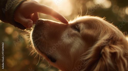 Hand touching dog nose showing friendship connection