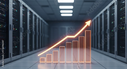 A 3D bar chart with an upward trend line superimposed on a server room with rows of data storage racks.