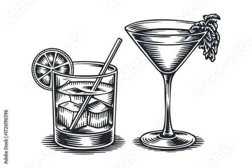 Two drinks with ice and garnish on white. Vector hand drawn illustration