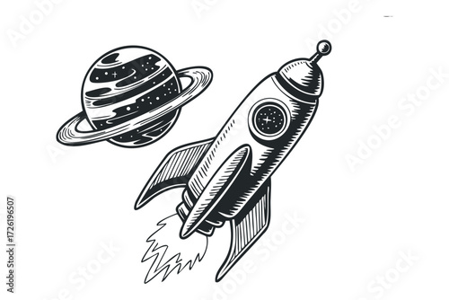 Rocket ship flying past a ringed planet. Vector hand drawn illustration
