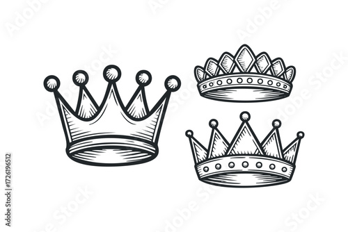 Three royal crowns in vintage style. Vector hand drawn illustration