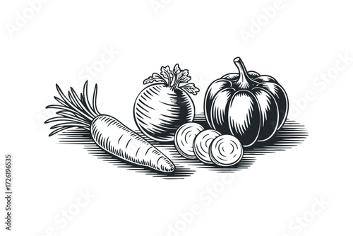 Woodcut style arrangement of root vegetables including carrot and pumpkin. Vector hand drawn illustration