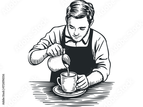Barista pouring liquid into coffee cup. Vector hand drawn illustration