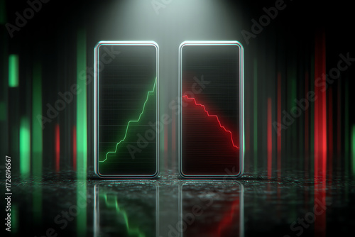 Two smartphones display contrasting battery charge levels, one increasing with a green graph and the other decreasing with a red graph, set against a dark, futuristic background