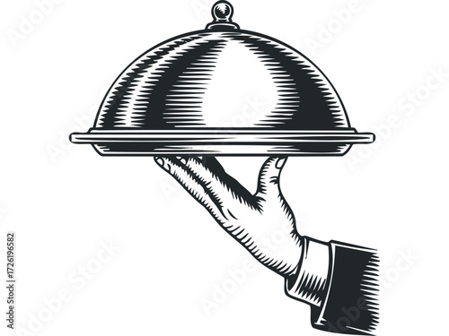 Waiter holding silver serving cloche with handle. Vector hand drawn illustration