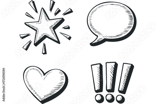 Hand drawn graphic elements star heart speech bubble exclamation marks. Vector hand drawn illustration