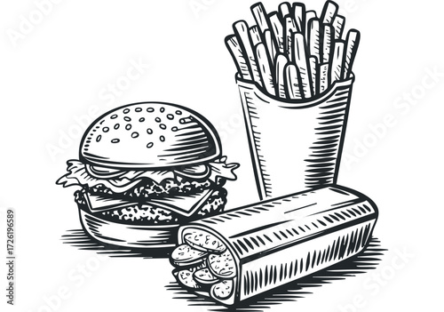 Hand Drawn Fast Food Burger Wrap and Fries. Vector hand drawn illustration